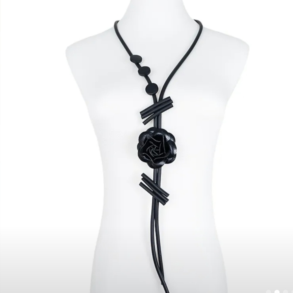 Black Leather Rose Necklace